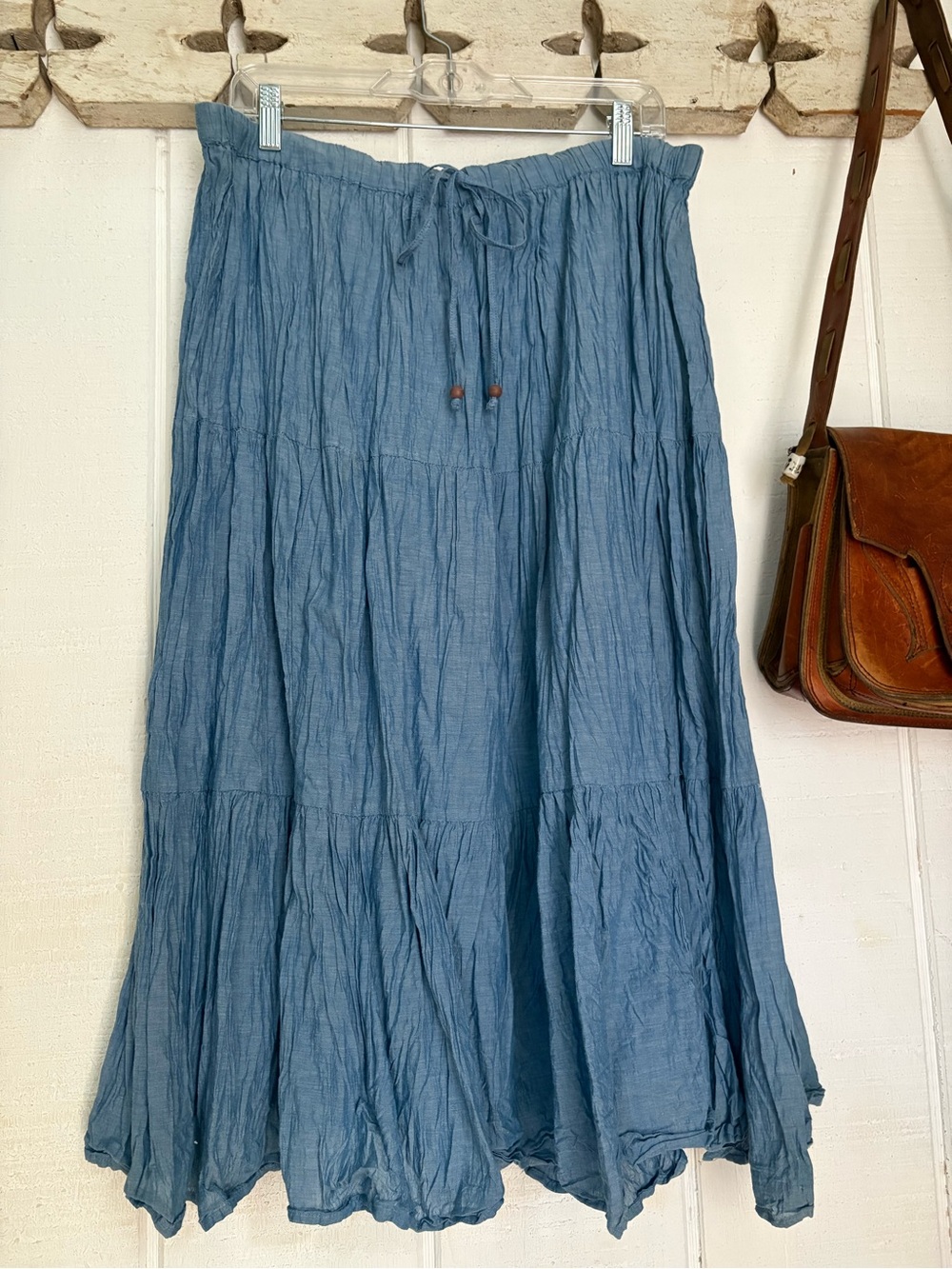 Blue Chambray Tiered Drawstring Maxi Skirt Large